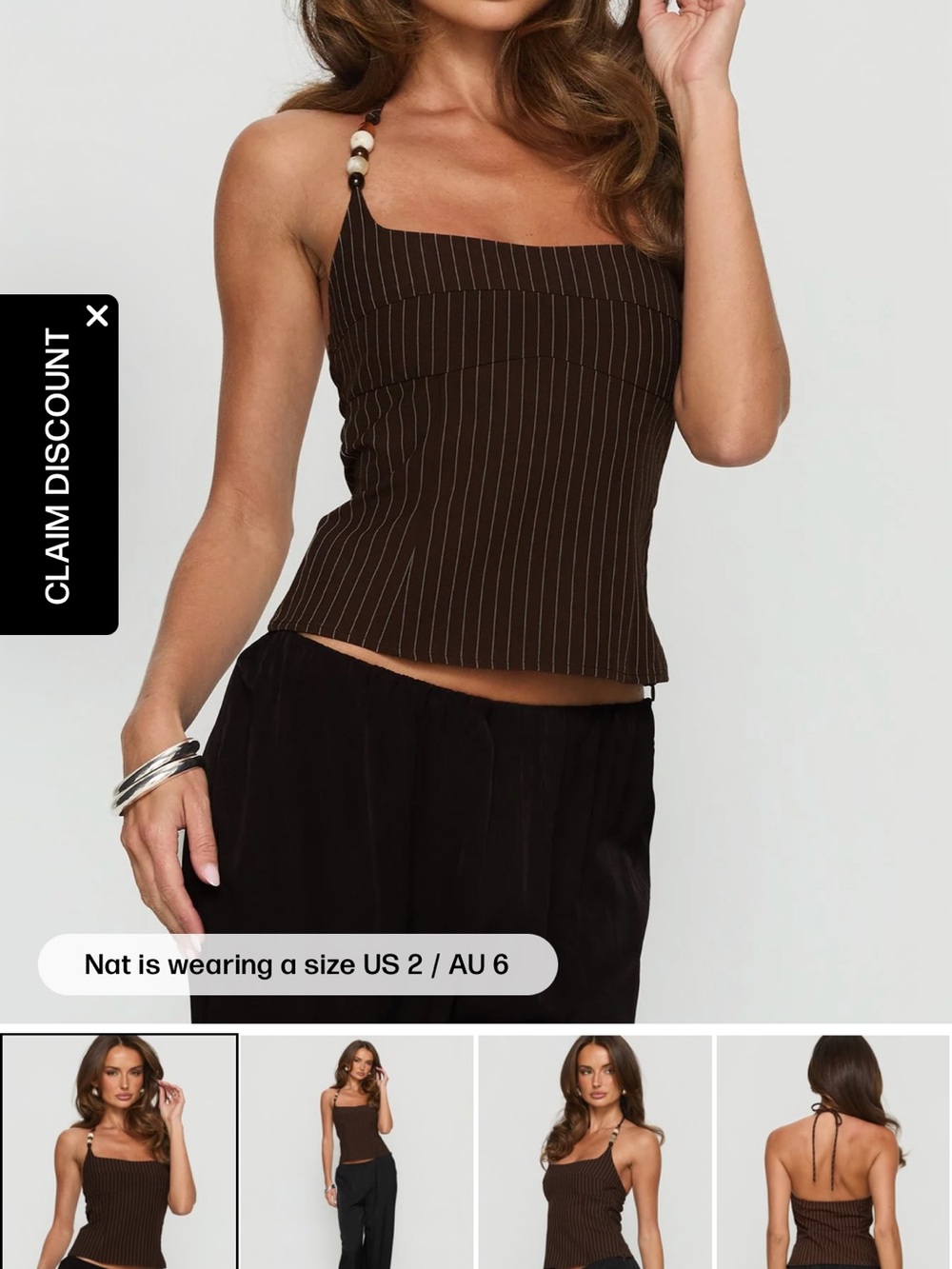 Princess Polly Cherise Beaded Top Brown Pinstripe - new with tags